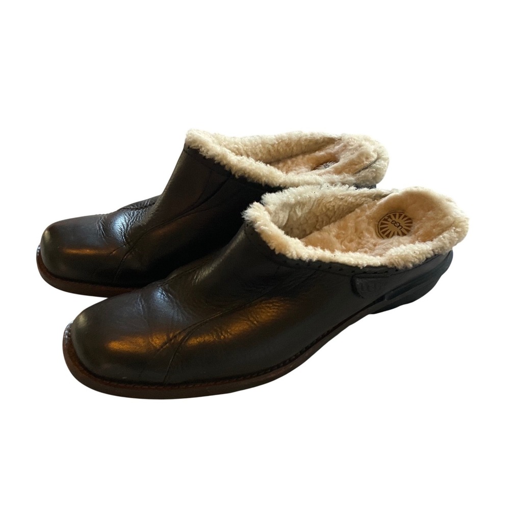 UGG Scuffette Clog‎ Women 9 Black Leather Shearling 5744 Excellent
